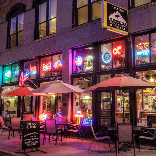 Outside view of the 1313 Club Historic Saloon brick building